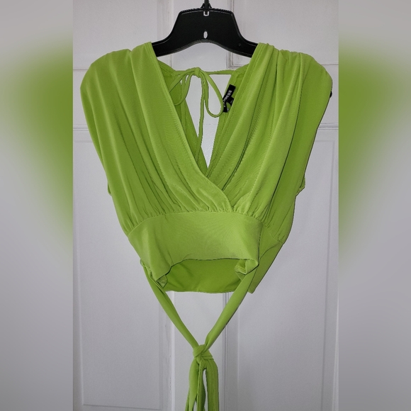 Express Smooth Matte Draped Front Tie Waist, Split Open Back Top, Lime Size XS - Picture 1 of 10